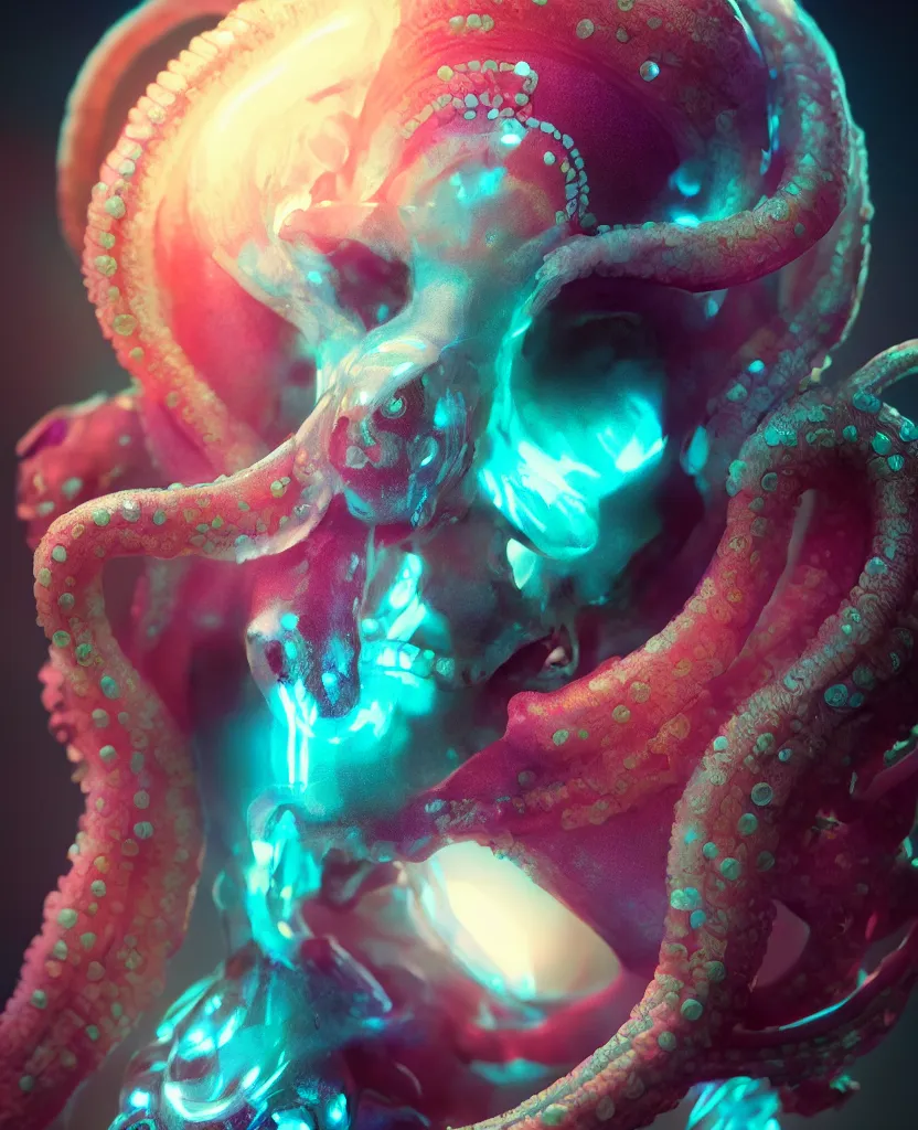 Image similar to goddess close - up portrait human skull, ram skull, squid phoenix jellyfish, orchid, betta fish, bioluminiscent, intricate artwork by tooth wu and wlop and beeple. octane render, trending on artstation, greg rutkowski very coherent symmetrical artwork. cinematic, hyper realism, high detail, octane render, 8 k