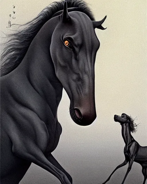 Image similar to painting of hybrid between black weimaraner & black stallion horse! & intercrossed animal, by zdzislaw beksinski, by mattias adolfsson, concept art, single object scene, beautiful composition, 8 k, digital painting