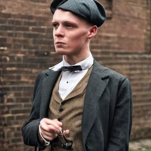 Image similar to photo of a british young man wearing peaky blinders outfits,