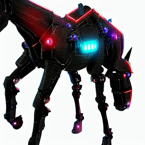 Prompt: a cybertronic horse, leds, high detail, sharp, studio, digital art