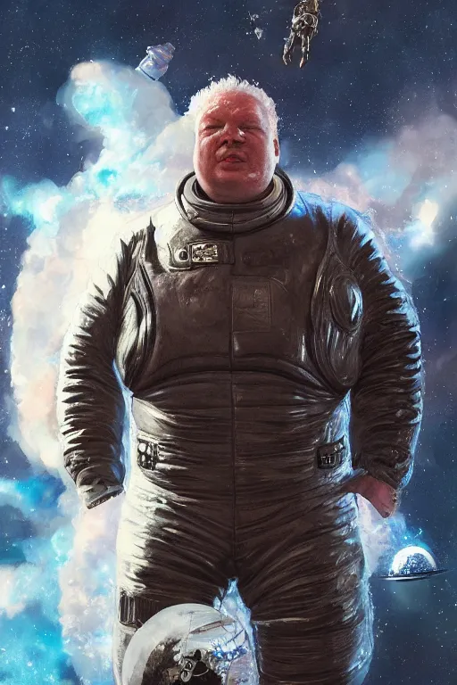 Image similar to portrait of a black baron harkonnen wearing leather spacesuit, detailed, sunshine, nebula space background, illustration by normal rockwell, artstation character art, adebanji alade, concept art, greg rutkowski