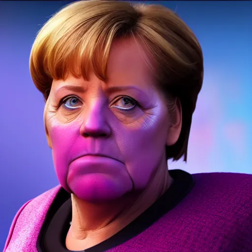 Prompt: Portrait of Angela Merkel as Thanos, still from Avengers: Endgame movie, violett skin, 4k, cinematic, vibrant colors