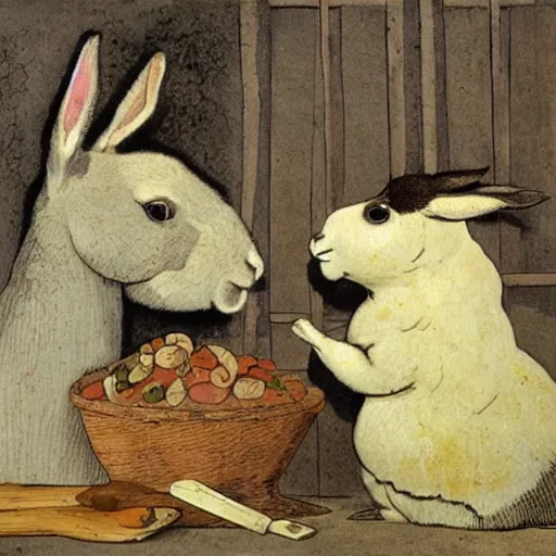 Prompt: a rabbit is cooking dinner for an alpaca in the style of emile bernard