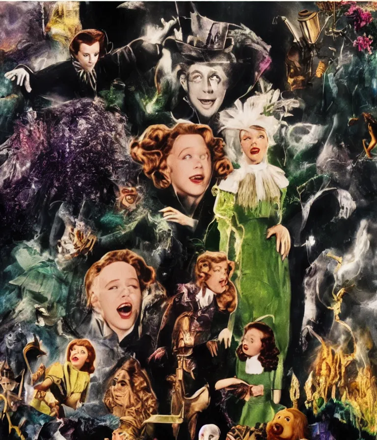 Prompt: Beautiful Fantasy Movie Poster made for the film The Wizard of Oz (1941) starring Taylor Swift and Mark Zuckerberg, minimalist oil paint and ink and photograph collage by Man Ray and Marcel Duchamp , Vivid color trending on artstation Cinematic lighting collage!! 8k