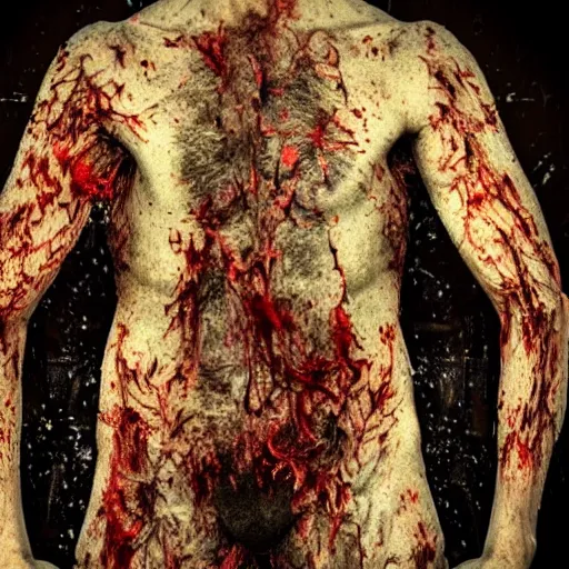 Image similar to ultra detailed photo of a man with many bloody arms covering his entire body