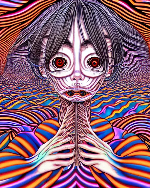 Prompt: Body going through metamorphosis, Conjuring Psychedelic Illustration by Shintaro Kago, ultra realistic, highly detailed, hypermaximalist, 8k, symmetry, grotesque, vibrant,
