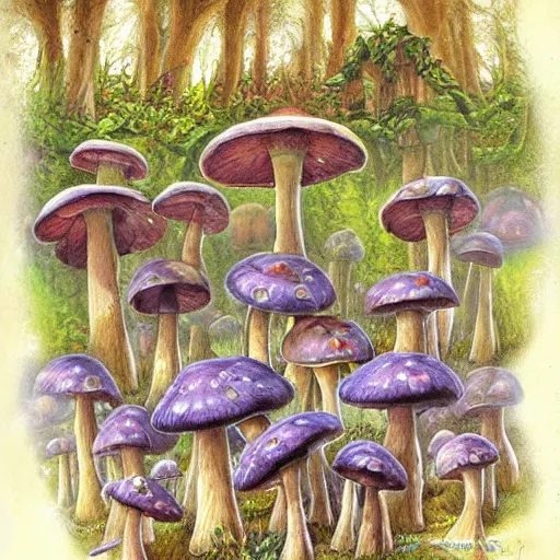 Prompt: mushroom forest drawn by ralph horsley, digital art, highly detailed, corrupted