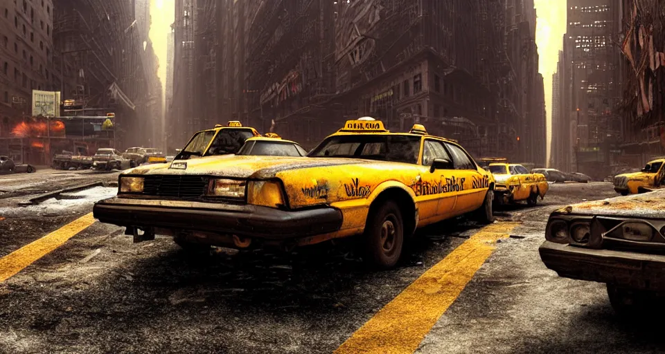 Image similar to A beautiful hyper realistic ultra detailed lifelike matte painting of close-up of a scruffy Timber Wolf standing in the middle of a New York City street at night, abandoned post-apocalyptic New York City with abandoned cars and yellow taxis on fire and crumbling buildings, unreal engine, deviantart, flickr, artstation, octane render, textured, colorful, extreme realistic detail, physically based rendering, pbr render, very detailed, volumetric lighting, detailed lighting, octane render, 4k, cinematic lighting, 8k resolution