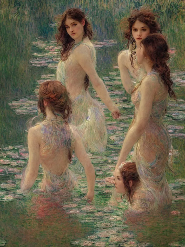 Image similar to illustration studio portrait of three beautiful seraphim female energy in artistic poses in a river in nature, monet painterly motives and textures pattern, hyper detailed, octane render, vivid colors, artstation, by jeremy mann, by alphonse mucha, by monet