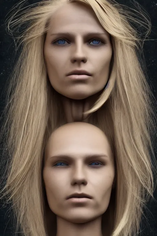 Image similar to robot with human face, female head, full body angle, woman human face, human face realistic, beautiful blonde hair, human head, human head with blonde hair, blonde hair human head, blonde hair, human realistic face, human head skin, cyborg frame concept, cyborg by ales-kotnik, sci-fi android female, the body is made of wires, robotic body, cyborg body, cyborg bust body, robot body cyborg, full body