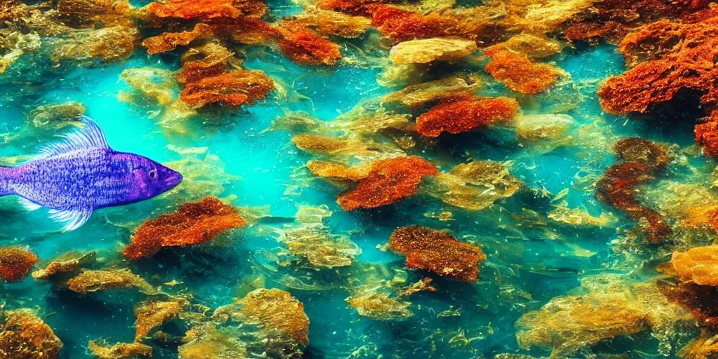 Image similar to ultra realistic underwater photography, panoramic picture of a river with large brightly colourful fish. lots of bubbles. seaweed and some rocks. gloomy scattered light entering from the water surface, artstation, 8 k