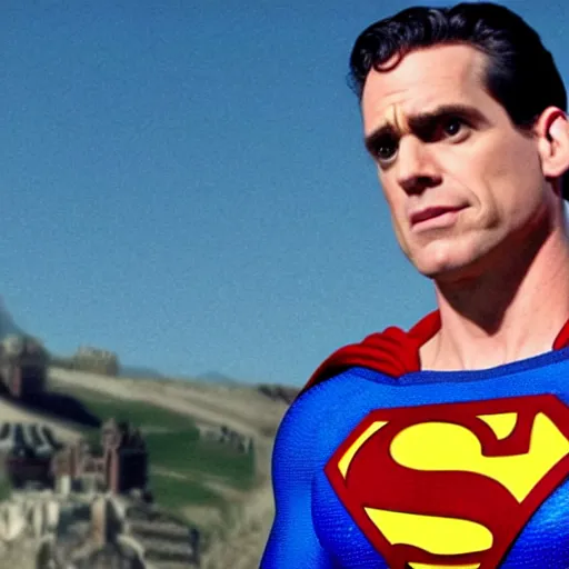 Prompt: Movie still of Jordan Peterson as superman and crying