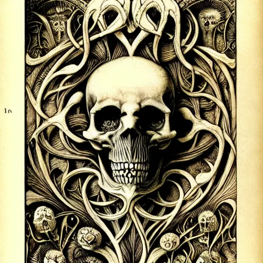 Image similar to memento mori by arthur rackham, art forms of nature by ernst haeckel, exquisitely detailed, art nouveau, gothic, ornately carved beautiful skull dominant, intricately carved antique bone, art nouveau botanicals, ornamental bone carvings, art forms of nature by ernst haeckel, horizontal symmetry, arthur rackham, ernst haeckel, symbolist, visionary