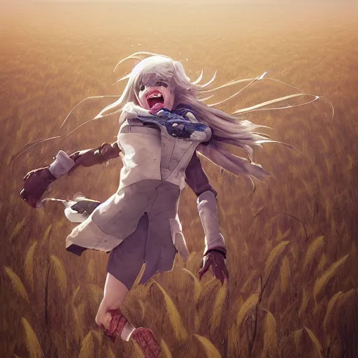 Prompt: highly detailed portrait of a laughing Theresa May ((Theresa May)) skipping through a field of wheat Dustin Nguyen, Akihiko Yoshida, Greg Tocchini, Greg Rutkowski, Cliff Chiang, 4k resolution, nier:automata inspired, bravely default inspired, vibrant but dreary color scheme!!! ((field of wheat background))