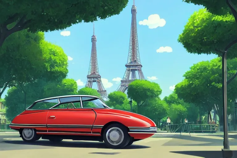 Prompt: a wholesome animation key shot of!! one!! focused! 1 9 7 4 citroen ds! in a tree lined paris street, view of eiffel tower, medium shot, studio ghibli, pixar and disney animation, sharp, very detailed, high resolution, rendered in unreal engine 5, anime key art by greg rutkowski, bloom, dramatic lighting