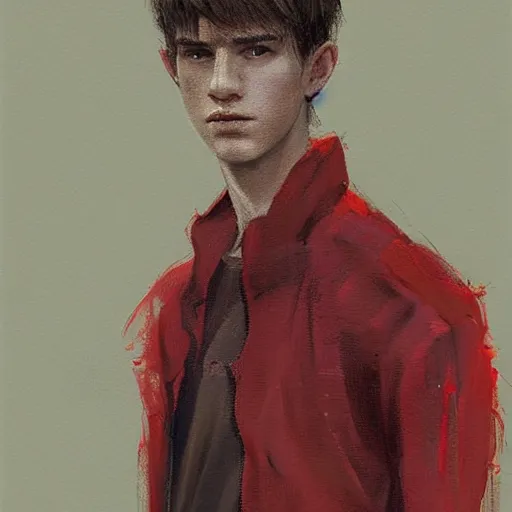 Image similar to Portrait of a man by Greg Rutkowski, he is about 20 years old, british features, straight jaw, attractive, short brown hair with bangs, athletic and strong, gallant, childhood friend vibes, he is wearing red and black utilitarian jumpsuit, highly detailed portrait, digital painting, artstation, concept art, smooth, sharp foccus ilustration, Artstation HQ.