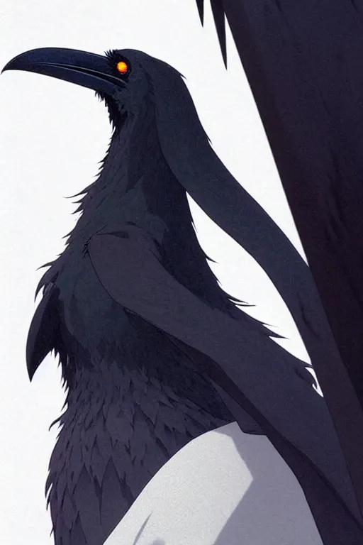 Image similar to raven headed warlock doing magic spells wind, white robes, finely detailed perfect face, exquisite details, mid view, design on a white background, by studio muti, greg rutkowski makoto shinkai takashi takeuchi studio ghibli