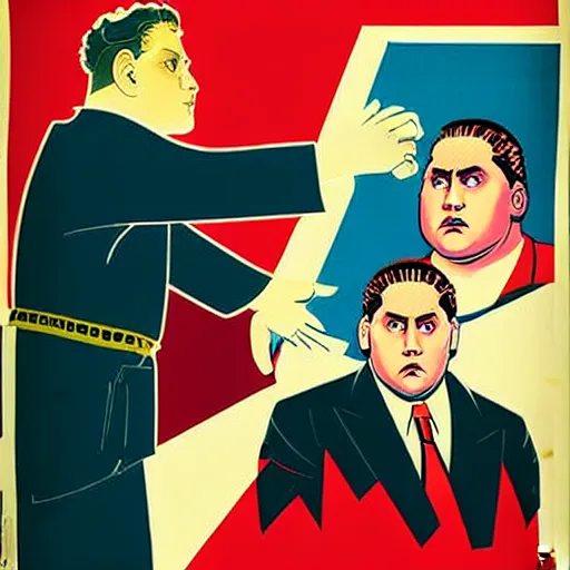Image similar to how will we capture famous actor jonah hill? he is is causing trouble in this region. How do we stop him? NO JONAH HILLS ALLOWED. JONAH HILL is the subject of this ukiyo-e hellfire eternal damnation catholic strict propaganda poster rules religious. WE RULE WITH AN IRON FIST. mussolini. Dictatorship. Fear. 1940s propaganda poster. ANTI JONAH HILL. 🚫 🚫 JONAH HILL. POPE. art by joe mugnaini. art by dmitry moor. Art by Alfred Leete.