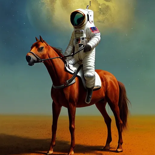 Image similar to a horse on top of a man, the astronaut is carried by the horse, hyperrealism, no blur, 4 k resolution, ultra detailed, style of ron cobb, adolf hiremy - hirschl, syd mead, ismail inceoglu, rene margitte