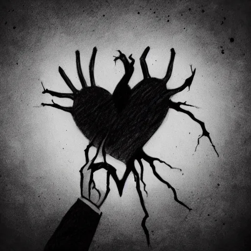 Prompt: drawing of hands ripping a heart into pieces, sadness, dark ambiance, concept by banksy, featured on deviantart, sots art, lyco art, artwork, photoillustration, poster art