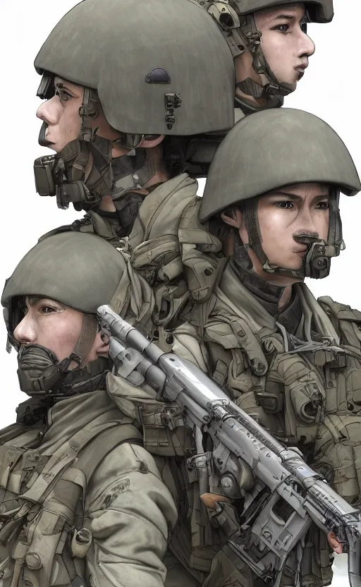 Image similar to mechanized infantry squad, urban warfare, soldier clothing, combat helmet, anime style, short hair, hair down, symmetrical facial features, from arknights, hyper realistic, 4 k, rule of thirds, extreme detail, detailed drawing, trending artstation, hd, tarkov, realistic lighting, by alphonse mucha, greg rutkowski, sharp focus, backlit