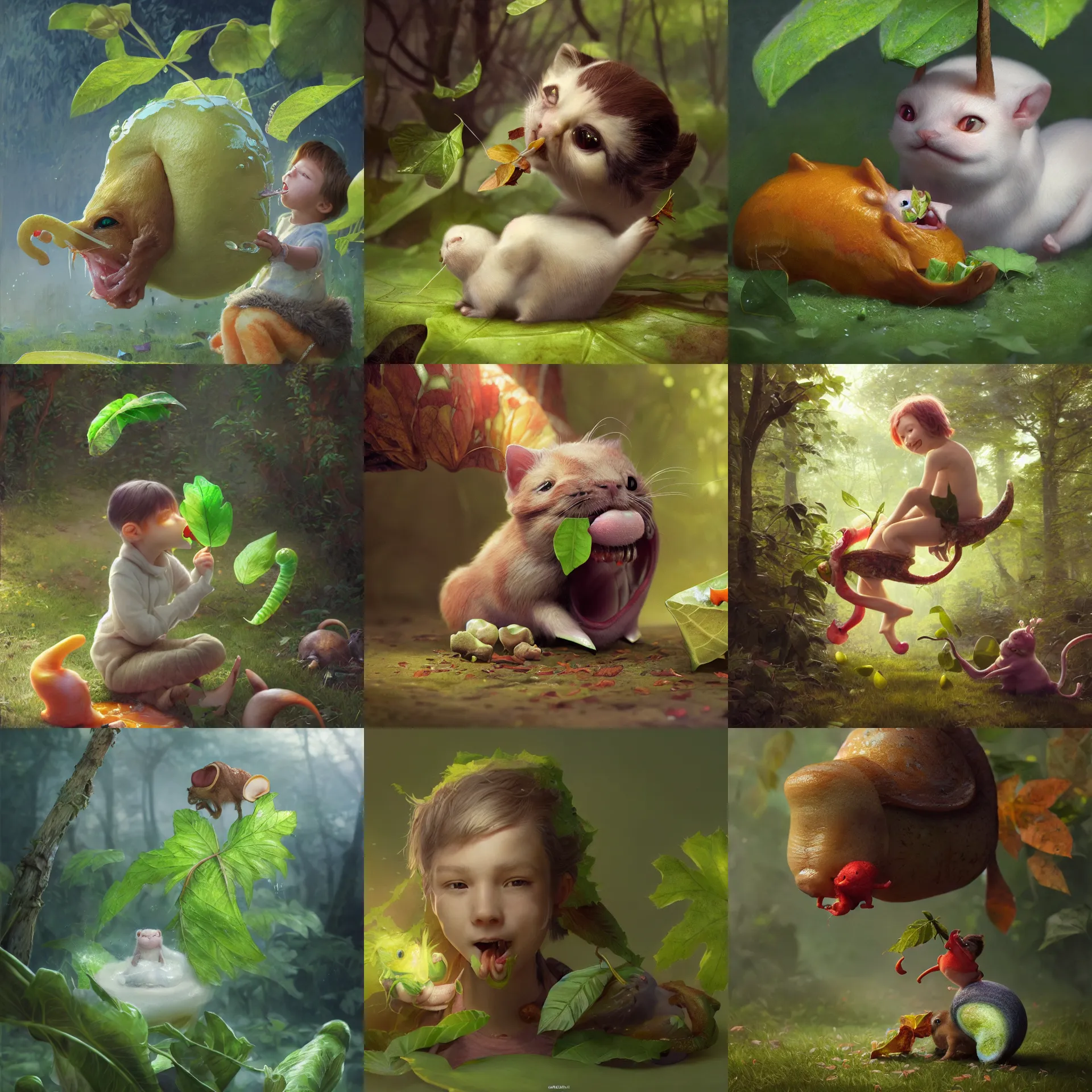 Prompt: joyful ( ( snailkitten ) ) eating a small delicious looking ( ( leaf ) ), medium shot, radiant slime trail, vibrant, artstations, octane render, by edgar maxence and ross tran and michael whelan, photorealistic anamorphic lens