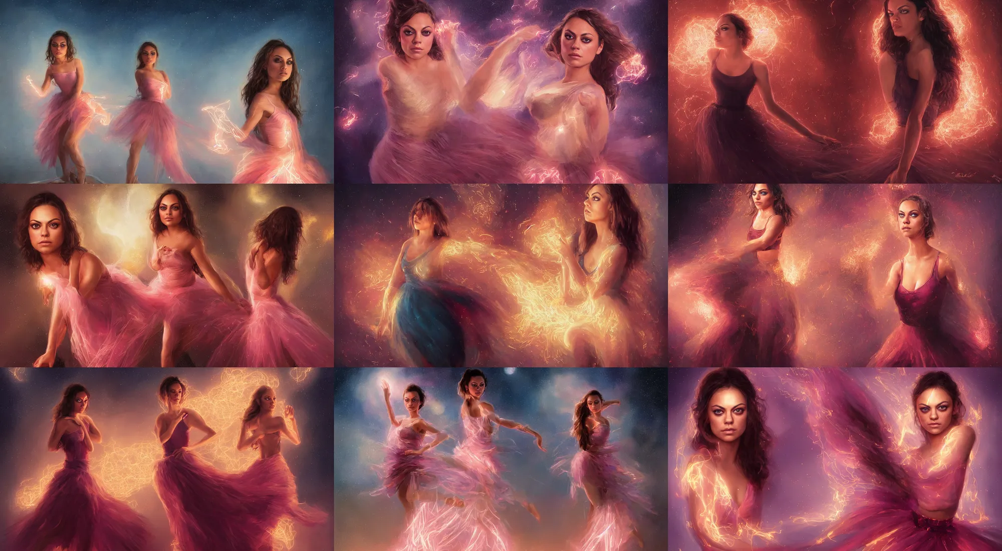 Prompt: full body portrait of ballet mila kunis, bangs, blue eyes, sultry expression, golden hair, sultry smirk, pink skirt, electrical, intricate, elegant, glowing fireflies, highly detailed, wlop, mars ravelo, greg rutkowski