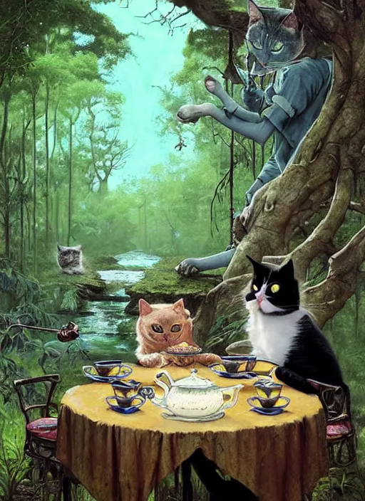 Image similar to cat having tea with a sorceress at a shrine in the woods by a stream, river gorgeous lighting, lush forest foliage blue sky a hyper realistic painting by chiara bautista and beksinski and norman rockwell and greg rutkowski weta studio, and lucasfilm