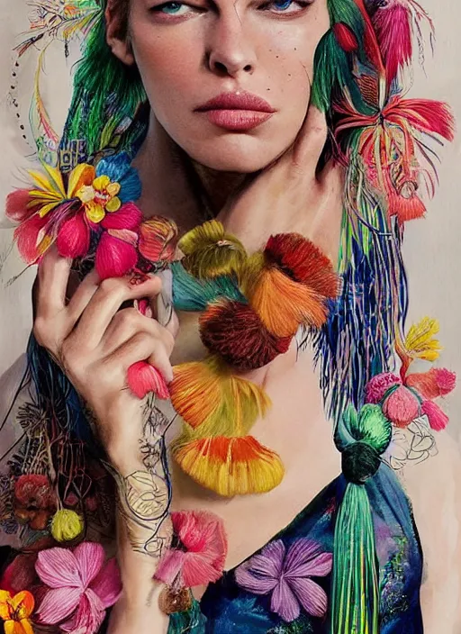 Image similar to beautiful portrait of Milla Jovovich wearing fantastic Hand-dyed cotton dress,embellished beaded feather decorative fringe knots ,colorful pigtail,subtropical flowers and plants,dramatic,symmetrical face,intricate,elegant,highly detailed,8k,post-processing,digital painting,trending on pinterest, GUCCI,PRADA,concept art, sharp focus, illustration, by artgerm,Tom Bagshaw,Lawrence Alma-Tadema,greg rutkowski,alphonse Mucha