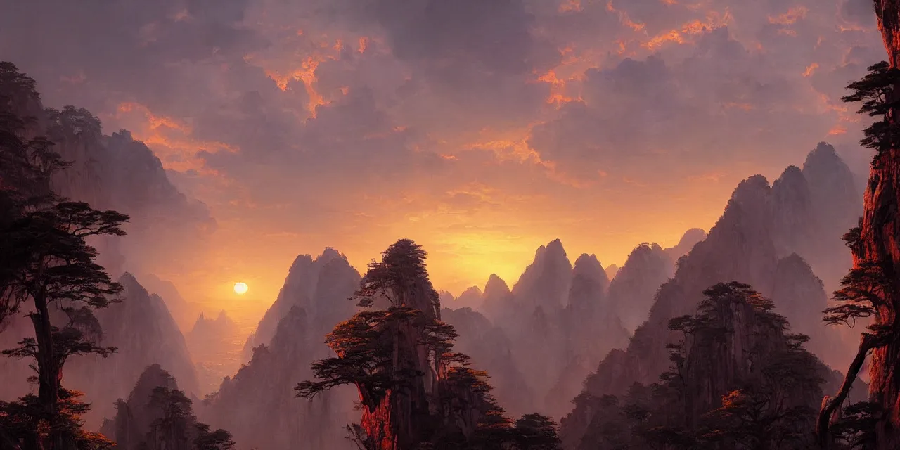 Image similar to surnatural sunset over huangshan, artwork by greg rutkowski