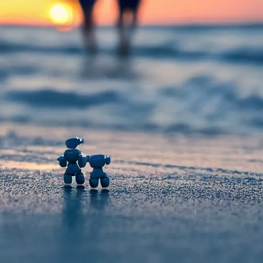 Prompt: cute tiny robots holding hands taking a stroll on the beach golden hour with lots of cute hearts floating in the air at sunset