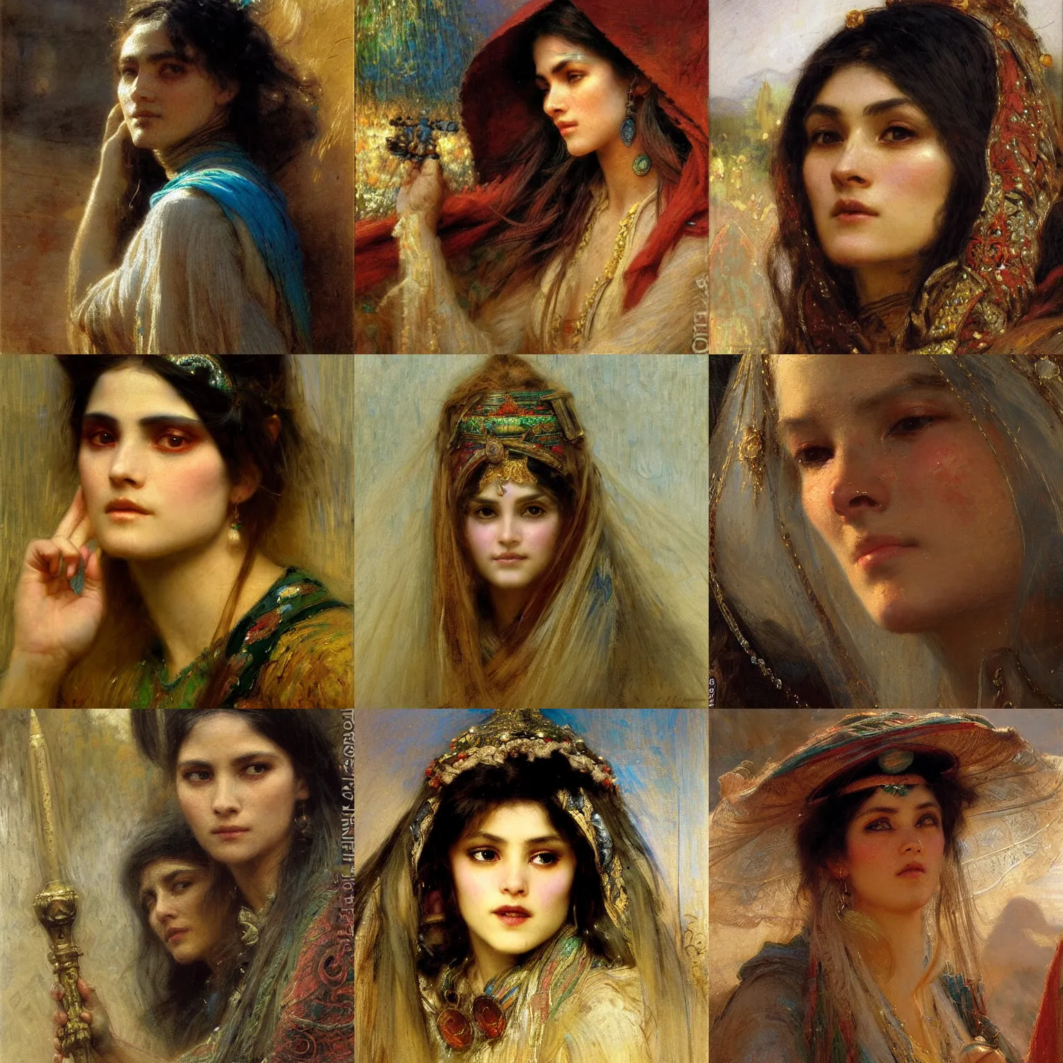 Prompt: orientalism female wizard face detail by gaston bussiere and nikolay makovsky and jules bastien - lepage and theodore ralli and thomas lawrence, masterful intricate artwork, excellent lighting, high detail 8 k