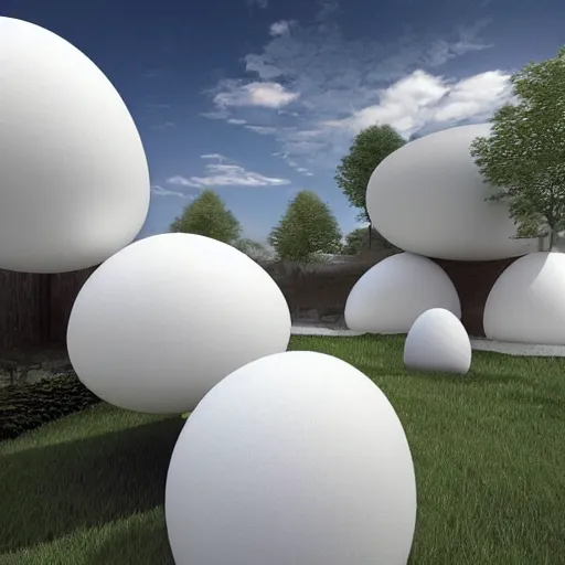 Prompt: many white egg shaped spheres intersect and merge in space to form a parametric building