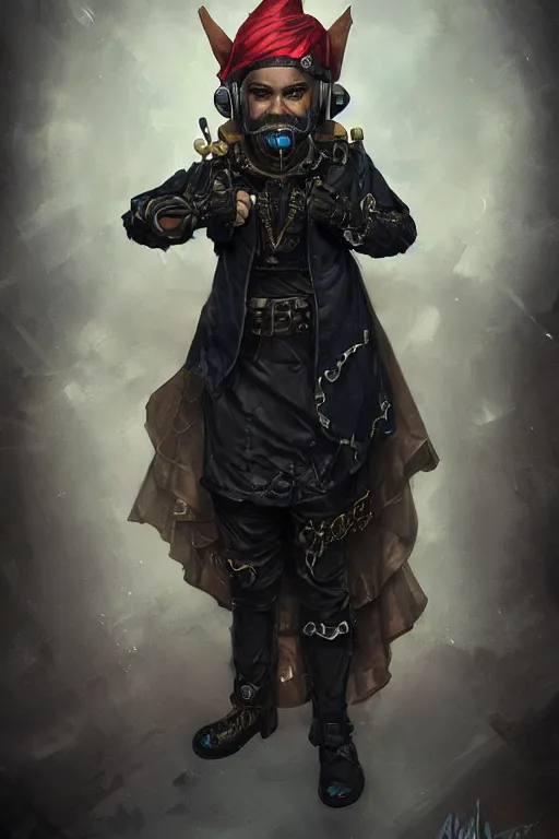 Image similar to beautiful full body portrait of a male cyberpunk gnome black, wearing a fancy velvet tunic, by wlop and artgerm, steampunk! fiction, detailed deep black eyes, starry background, trending, on artstation.