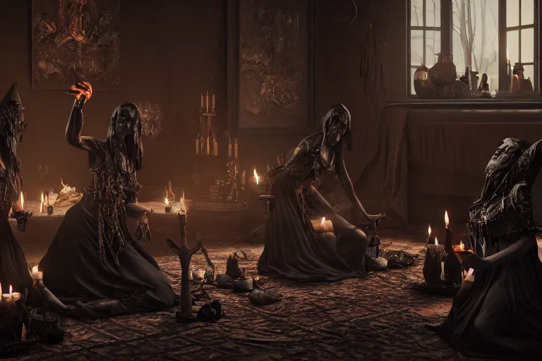 Image similar to dark witches doing a ritual. Ornate details, award winning, Octane render, 4k, 8k, unreal 5, very detailed, hyper control-realism, trending on artstation.”