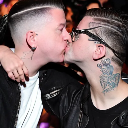 Prompt: skrillex and macklemore kissing with their hair entangled