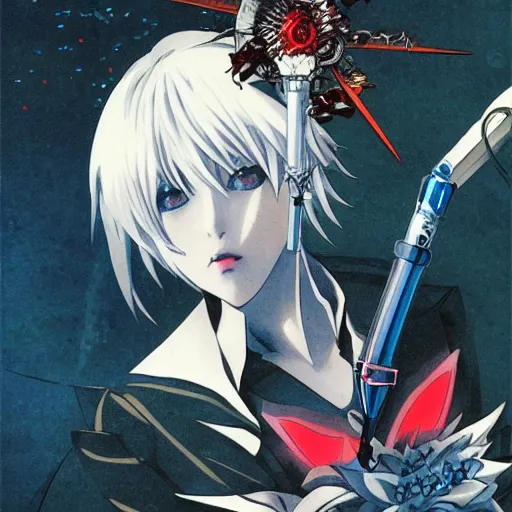 Prompt: a japanese girl with silver hair and blue eyes and demon wings holding an umbrella at midnight, shot from above, sparkling eyes, illustration by Yoji Shinkawa