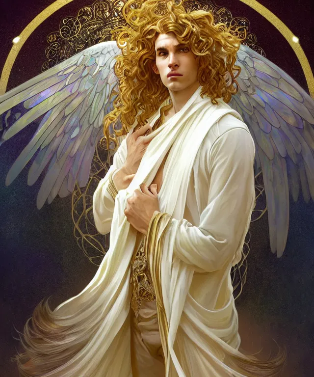 Image similar to fullbody portrait of a beautiful young fit male angel with curly blond hairs, full dressed in long fluent clothes, majestic symmetrical big dove wings, luminous halo, by greg rutkowski and alphonse mucha, gradient white to gold, in front of an iridescent background, highly detailed portrait, digital painting, artstation, concept art, smooth, sharp focus illustration