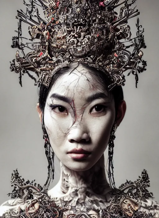 Prompt: a portrait of asian female by stefan geselle and nekro borja, photorealistic, intricate details, hyper realistic, fantasy, elegant, baroque, photorealistic, canon r 3, photography, wide shot, symmetrical features, symmetrical pose, wide angle shot, head to toe, standing pose, feet on the ground, wearable art