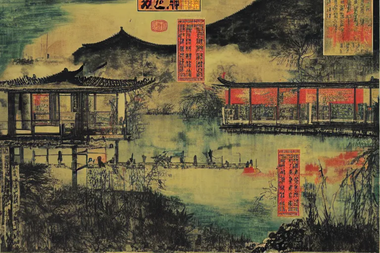 Image similar to a chinese prison near a river by peter doig, overlaid with chinese adverts