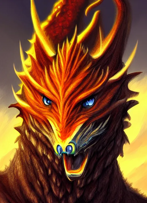 Image similar to ''face portrait furry handsome dragon, volcano landscape, fantasy, d & d, sharp focus, digital painting, concept art''