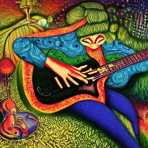 Image similar to psychedelic couch sofa in the lush forest, guitar, milky way, designed by moebius, rob gonsalves, gustav dore, giuseppe arcimboldo and carl barks, louis wain, trending on artstation, canada, star, sharp focus, colorful refracted sparkles and lines, soft light, 8 k 4 k