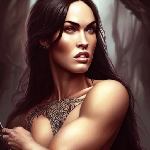 Image similar to portrait of megan fox, muscular upper body, fantasy, intricate, elegant, highly detailed, digital painting, artstation, concept art, matte, sharp focus, illustration, art by aenaluck and roberto ferri and greg rutkowski, epic fantasy, digital painting