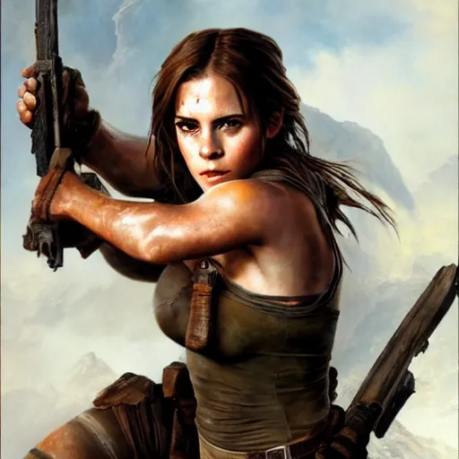 Prompt: ultra realistic portrait painting of emma watson as lara croft, art by frank frazetta, 4 k, ultra realistic, highly detailed, epic lighting.