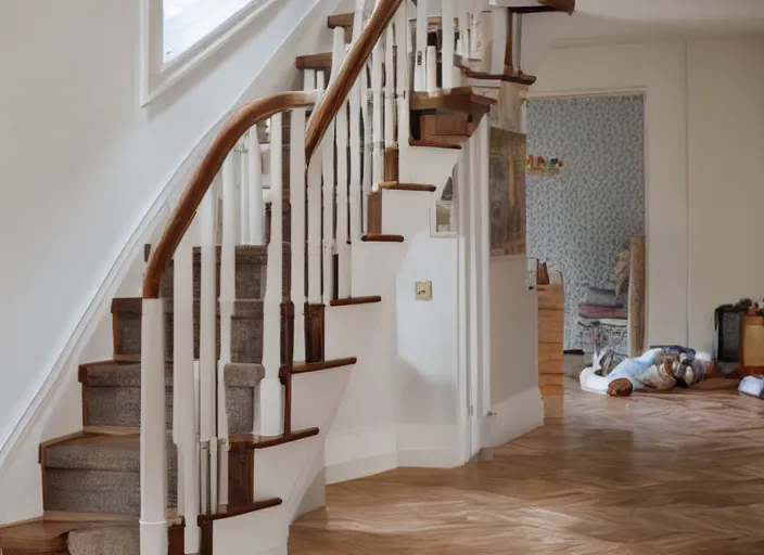 Prompt: a photo of a family home staircase covers in spaghetti