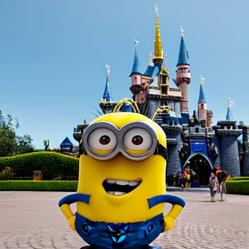 Prompt: minion in front of the disneyland castle, photo realistic, 4 k