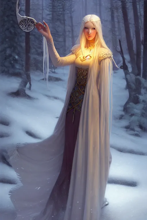 Image similar to nostalgia for a fairytale, nordic, ice, medieval maiden, long hair, tall and thin, illustration, dramatic lighting, soft details, painting, art nouveau, octane render, 8 k, hd, by edmund blair leighton, brom, charlie bowater, faces by otto schmidt