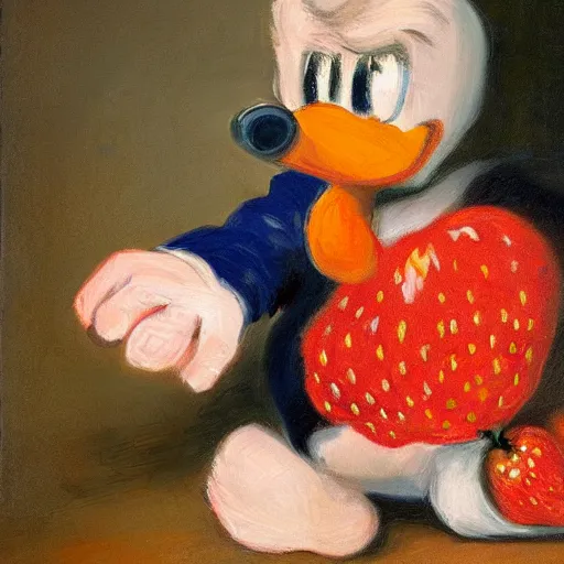 Prompt: a portrait of donald trump earing strawberries with donald duck, painted by rembrandt