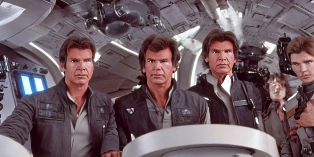 Prompt: a full color still of the control bridge of a spaceship with a middle-aged Harrison Ford as Han Solo standing in the middle, dressed in an admirals uniform, cinematic lighting, 1999, directed by Steven Spielberg, 35mm