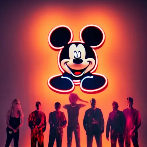 Prompt: a group of people standing around a giant bloody wounded mickey mouse, neon netflix logo, cyberpunk art by david lachapelle, cgsociety, sots art, dystopian art, reimagined by industrial light and magic, dark concept art